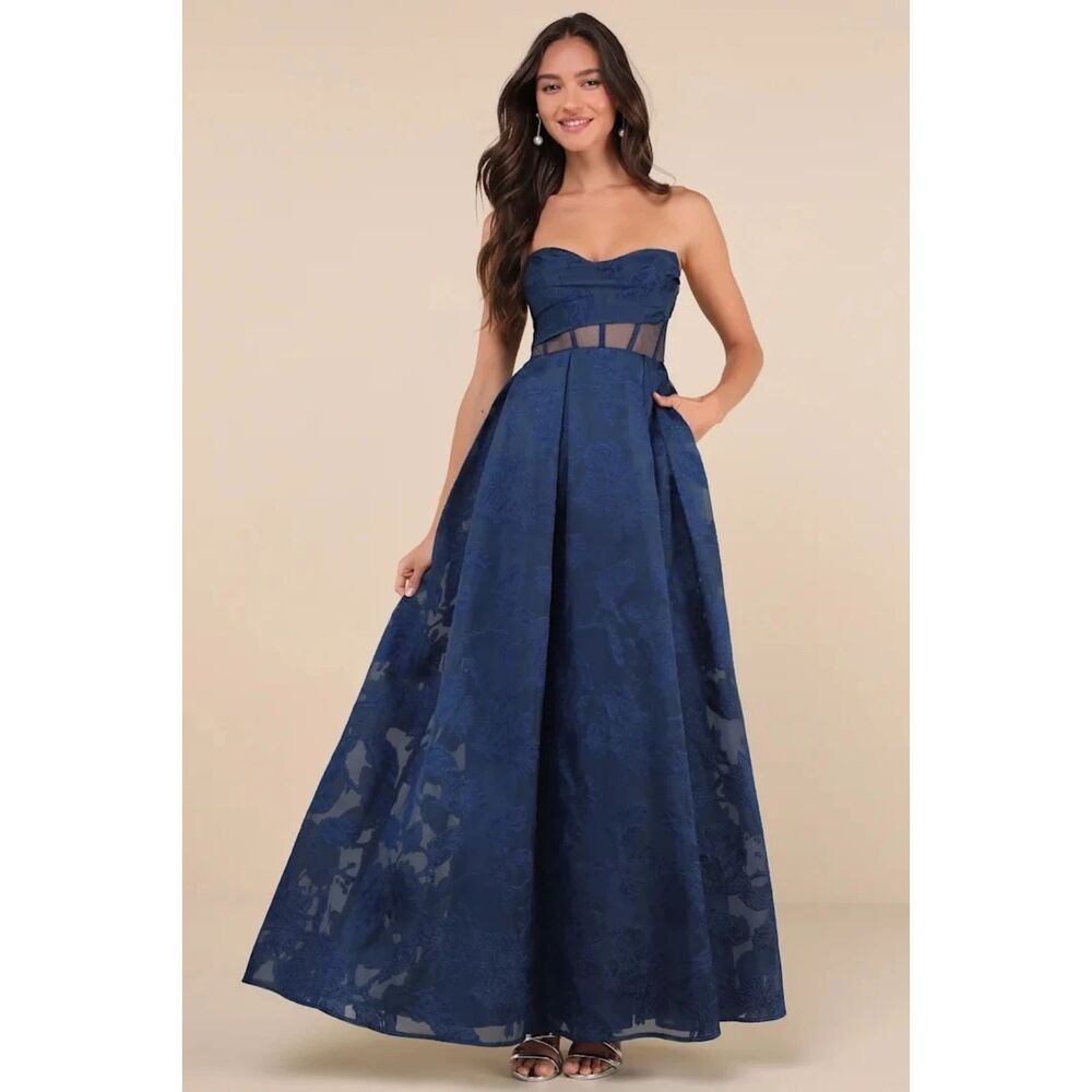 Lulu's Strapless Navy Blue Floral Jacquard Ball Gown
